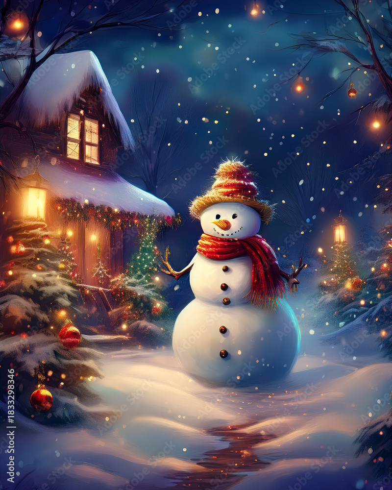 Obraz premium Snowman standing in winter wonderland with christmas lights