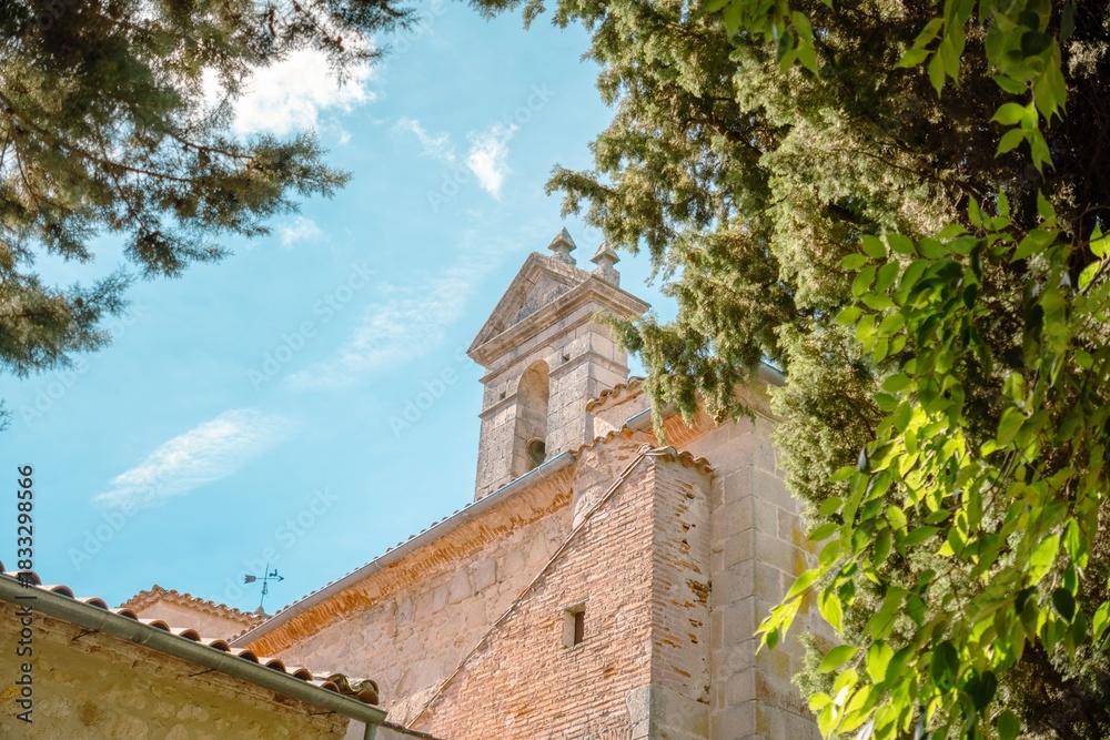 Fototapeta premium Warm Sunlight on a Traditional Church Bell Tower and Green Trees
