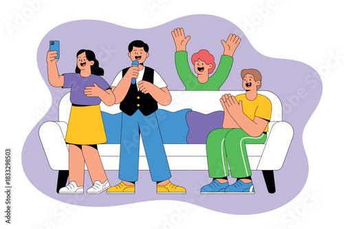 A group of friends are enjoying themselves while taking a selfie and singing.