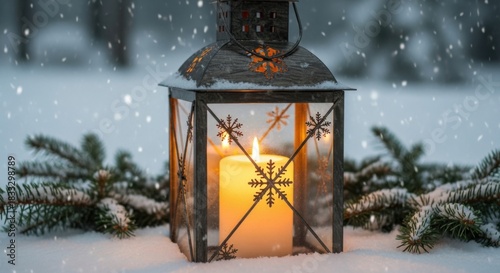 Christmas Candle Lantern Glowing In Silent Snowfall Scene 
