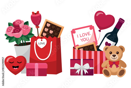 Valentine's Day gifts and symbols include a teddy bear, chocolates, and flowers.