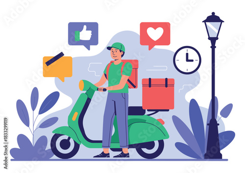A delivery person on a scooter with a backpack and delivery box travels past social media icons.