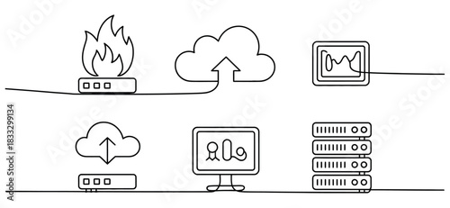 Diagram of cloud computing with server fire monitor and computer in black and white