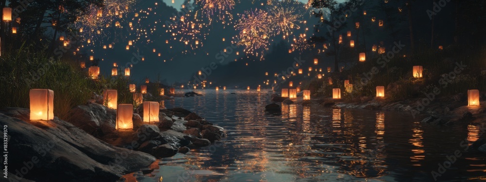 Fototapeta premium Tranquil Night Scene with Glowing Lanterns Reflecting on Water Surrounded by Nature and Distant Fireworks