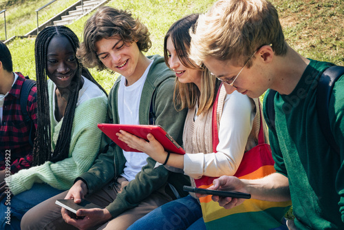 Diverse group of teenage students sitting outdoors sharing digital tablets and smartphones on sunny day