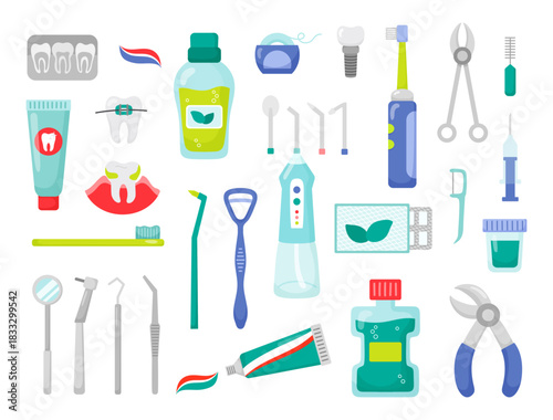 Oral hygiene set elements icons in flat style. Dental instruments. Teeth and gums health care.