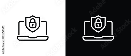Secure device icon. Cybersecurity linear icon. Network Security, thin vector lines on a transparent and black background. Editable stroke.