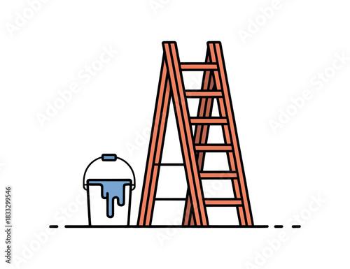 Illustration of a ladder and a bucket of blue paint on a white background simple design
