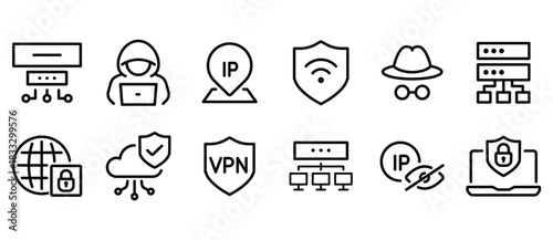 Cyber security linear icon set. VPN, proxy, hacker, firewall, padlock, network monitoring, IP address, Network Security, and more in a vector thin line icon pack. Editable strokes.