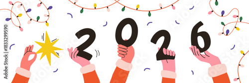Christmas greeting banner with hands holding stuff. New Year vector illustration for poster, greeting card and celebration.