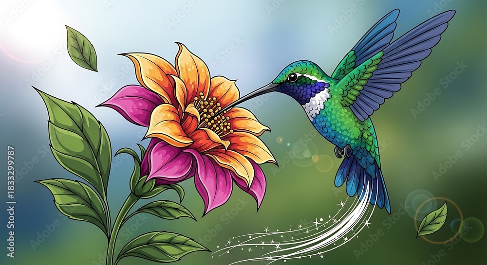 Fototapeta premium A vibrant illustration of a green and blue hummingbird feeding nectar from a colorful orange and pink flower with green leaves.