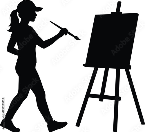 Black silhouette of a young woman artist painting on an easel with a brush, vector illustration for art, creativity, and hobbies.
