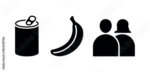 Black and white icons of a can banana and two people standing side by side