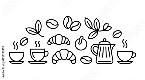 Line art coffee and pastry arrangement on a white background design