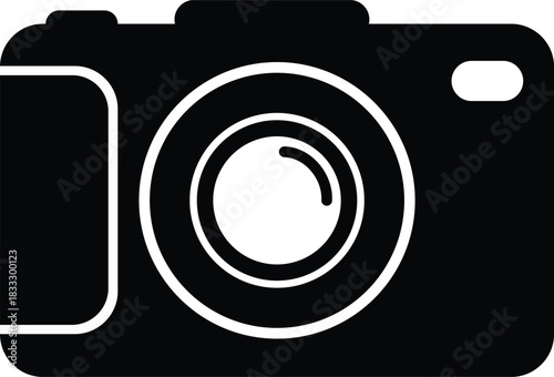 Black vector camera icon illustration with flash symbol for digital photography web design