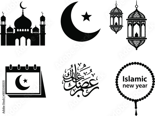 Islamic new year black and white silhouette vector illustration set