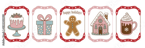 Cozy Hand-Drawn Christmas Illustration Set Featuring Festive Cake, Gift Box, Gingerbread Man, Gingerbread House, and Hot Cocoa Elements for Holiday Cards, Seasonal Decor, and Creative Design Use