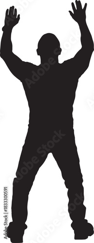 vector, silhouette of  back view of a standing man holding or pushing something imaginary upwards.
