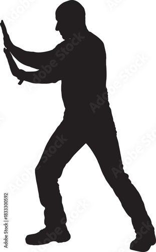 vector,  silhouette of  side view of man holding or squeezing a wall or something imaginary