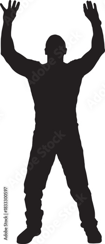 vector,  silhouette of  front view of a standing man holding or pushing something imaginary upwards.