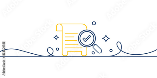 Minimalist document verification icon with magnifying glass and checkmark, representing approval, authentication, validation and official review concept
