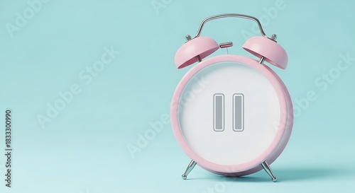 A pink alarm clock with a pause symbol on its face, set against a light blue background, creating a calming aesthetic