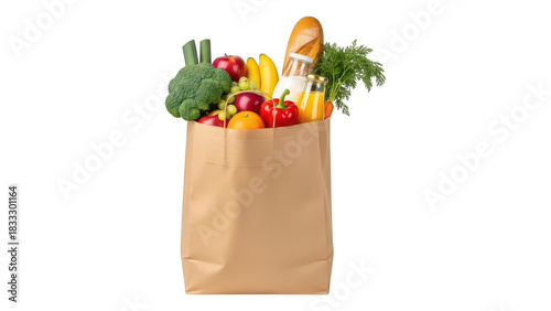 Brown paper grocery bag filled with fresh fruits and vegetables and a baguette on a black background