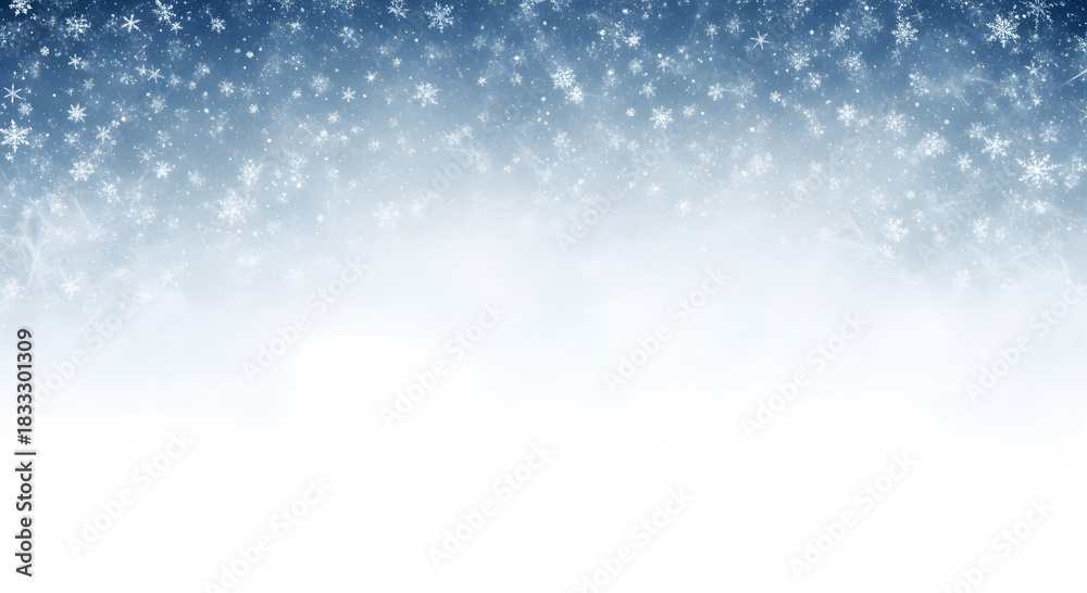 Fototapeta premium Abstract winter background with falling snowflakes and blue gradient fading to white empty space