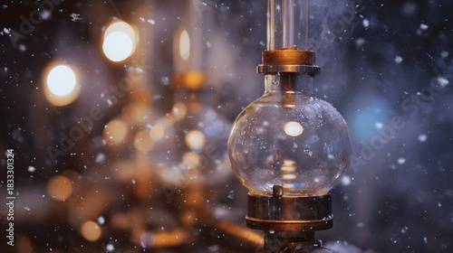 A vintage distillation apparatus with steam and falling snow illuminated by warm bokeh lights