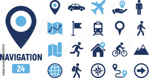 Navigation and Travel Icon Vector Set, Including GPS Location Pin, Car, Airplane, Map, Compass, Route Direction, Train, Biking, Walking, Hiking, Home, and Globe Symbol Collection.