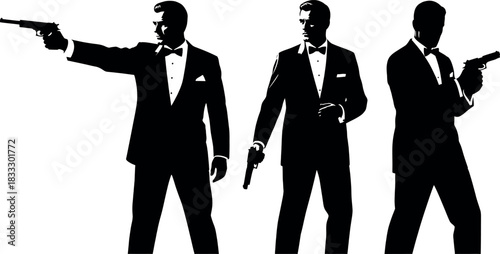 Silhouette collection of three secret agent man figures in tuxedo holding pistol gun