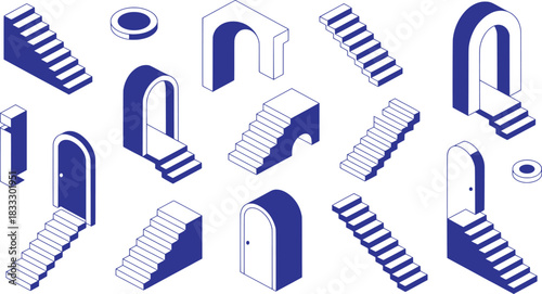 Isometric Doors and Stairs Pattern Illustration.
