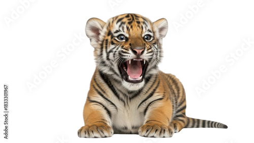 Roaring tiger cub with mouth open isolated PNG with Transparent Background
