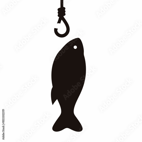 A Minimalist Icon of a Fish Hooked, Black and White Contrast