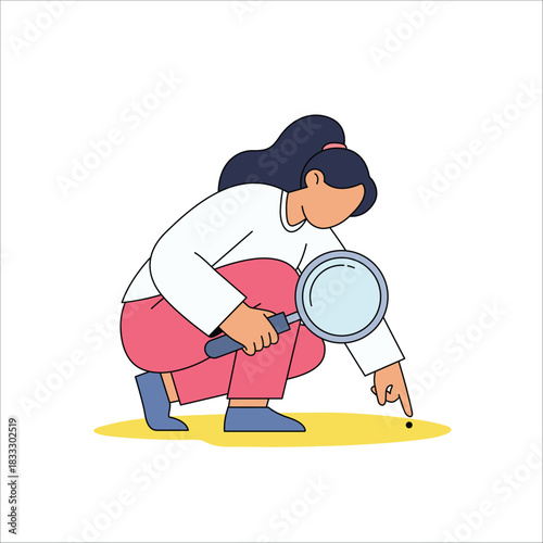 OCD concept illustration of woman inspecting small detail with magnifying glass