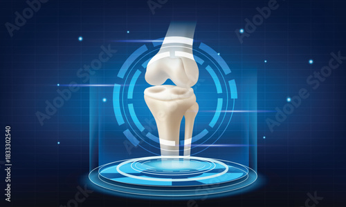 3D Knee joint scan concept. Healthy bone anatomy on futuristic hologram podium