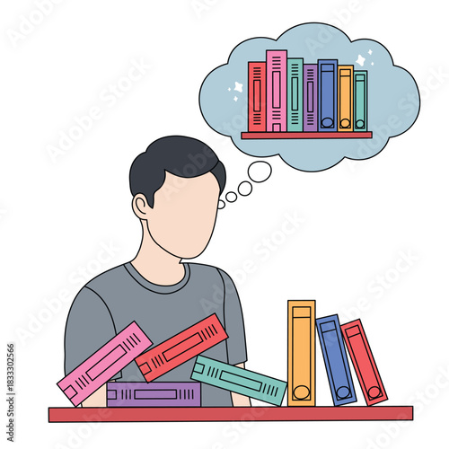OCD concept illustration of man thinking about organizing bookshelf