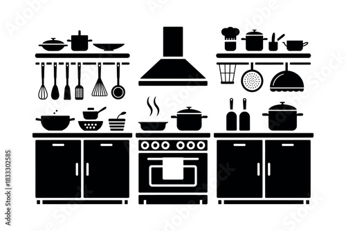 A black and white kitchen illustration with cooking utensils and pots