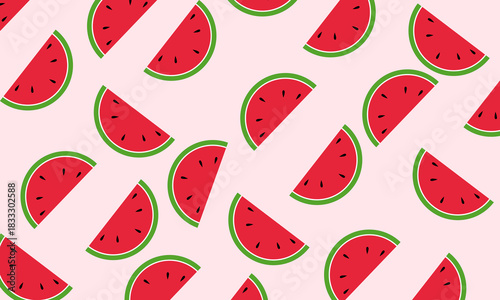 A fruity pattern with red watermelon slices on a light pink background. The image captures a modern and playful design