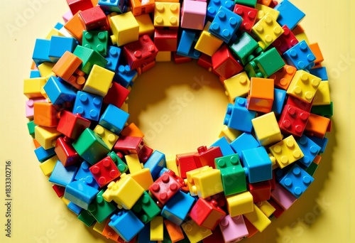 Vibrant Circular Arrangement of Colorful Interlocking Plastic Building Blocks on a Yellow Background