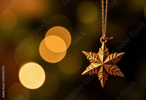 Golden Star-Shaped Pendant Ornament Hanging Against Soft Blurred Light Dots in Background, Capturing a Warm Festive Ambiance and Elegant Craftsmanship