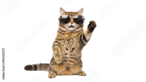 Cool tabby cat wearing sunglasses waving hello isolated PNG with Transparent Background