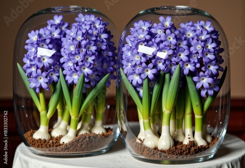 Exquisite Arrangement of Lush Purple Flowers in Elegant Glass Vases Captivates with Vibrant Blooms and Rich Green Stems in a Sophisticated Display