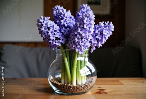 Abundant Cluster of Purple Hyacinths in a Clear Glass Vase on a Wooden Table in a Cozy Interior Setting