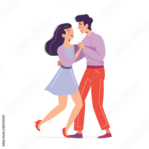Happy young couple dancing together, smiling man and woman holding hands in romantic pose, playful relationship and love, flat illustration isolated on white background for celebration and dating conc