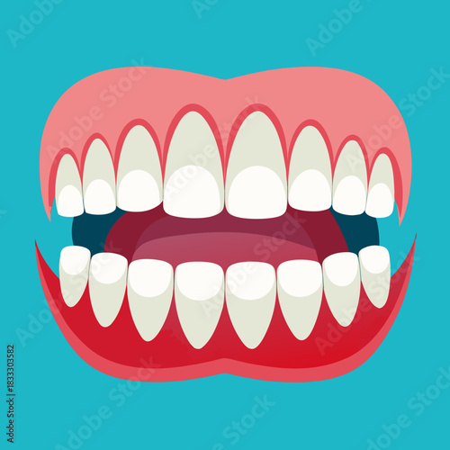Healthy teeth illustration, showcasing bright smile and open mouth, perfect for dental health campaigns, oral hygiene products, and educational materials about dental care