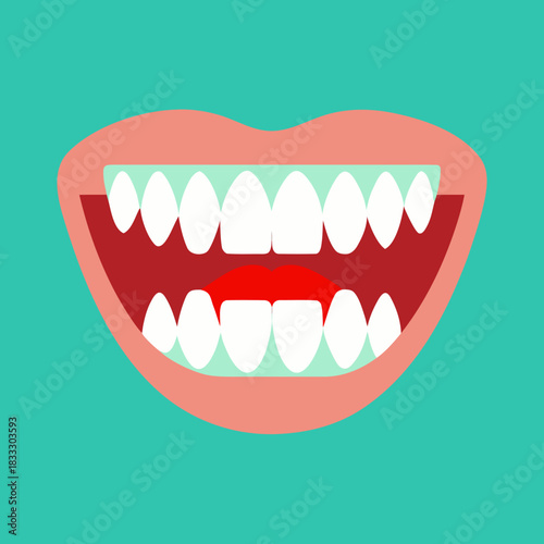 Bright, clean teeth in an open mouth smile, perfect for dental health campaigns and oral hygiene promotions, conveys freshness and confidence in a professional, modern style