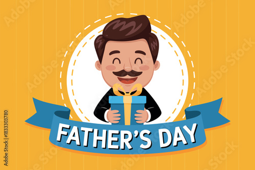 A smiling man with a mustache holding a gift box for Father's Day.