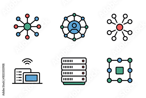 Illustration of network connection and server icons on white background