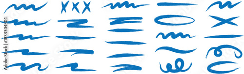 Black underline chalk brush strokes with pencil line crayon texture for handdrawn designs and markings. Rough wavy zigzag patterns or straight horizontal elements. Artistic sketch isolated on white